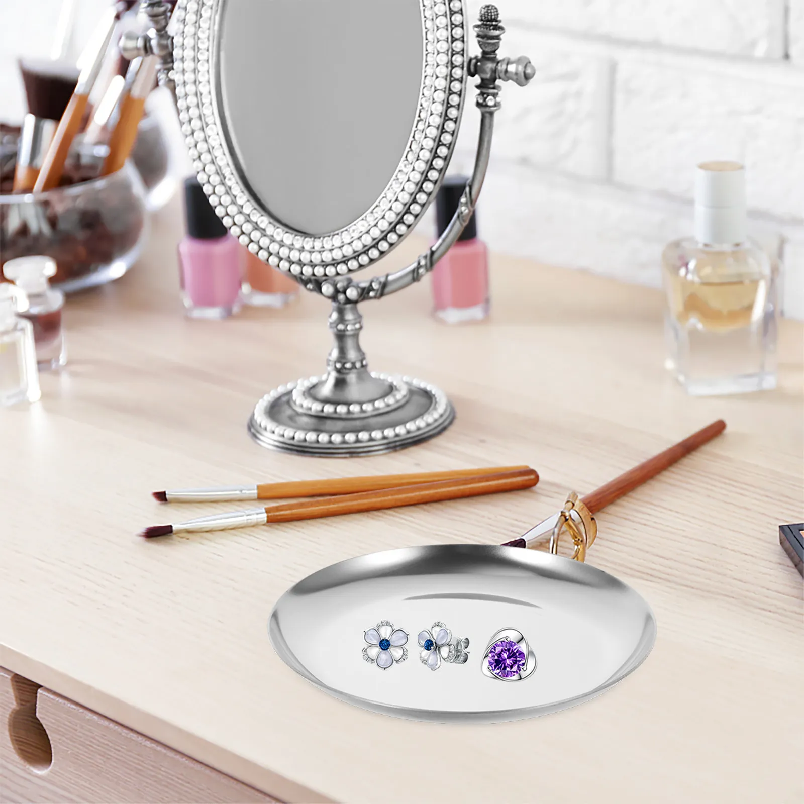 Metal Round Jewelry Tray Stainless Steel Trinket Dish for Rings Earrings Necklaces Bracelets Desktop Dresser Vanity Storage