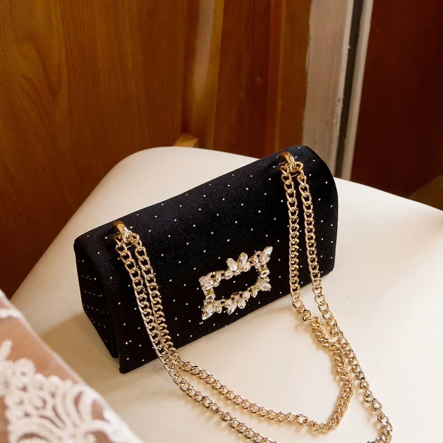 

Trend Xiaoxiangfeng Fashion Crossbody Bag Temperament Locomotive Premium Sense Bright Diamond Chain Portable Shoulder Bag