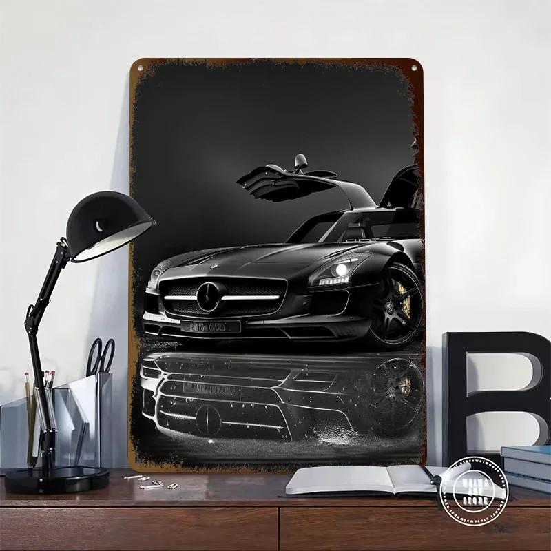 Sports Car Benz Sls Poster Customized Wall Art Vintage Metal Signs Retro Tin Plaque for Man Cave Room Accessories Desk Decor