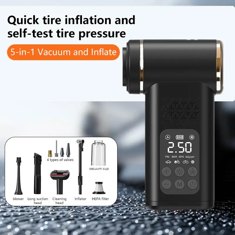 5-in-1 USB Wireless Multi-functional Vacuum Inflator Pump Quick Air Compressor 150psi Portable Self-checking Tire Pressure