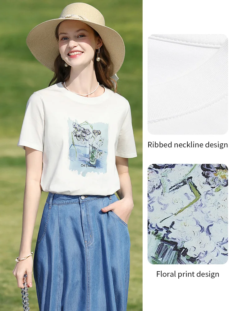 I BELIEVE YOU Women's Top Summer New Round Neck Slimming White Oil Painting Printed Short Sleeve Commuting T-Shirt 2252015982