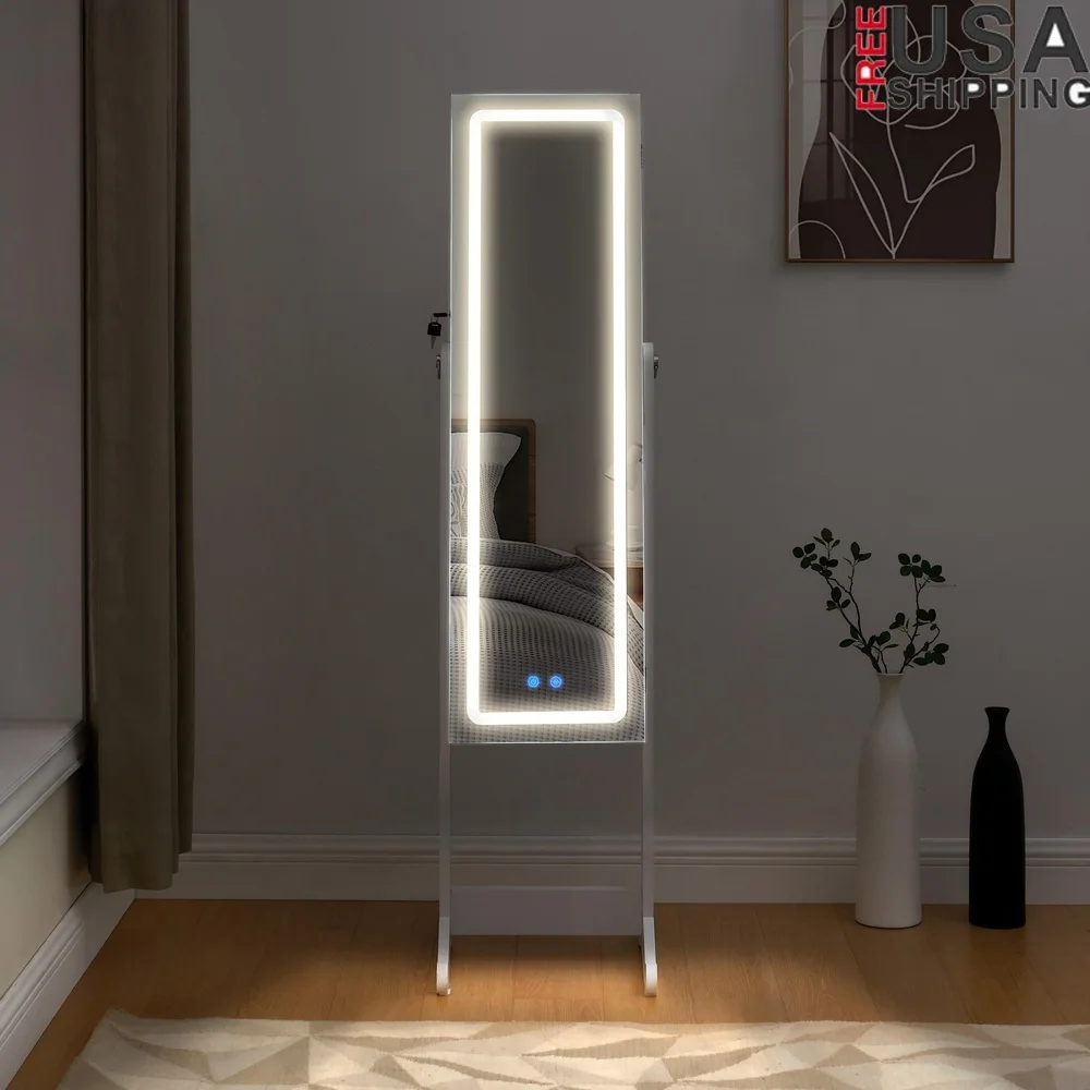 

Elegant Jewelry Armoire with Full-Length Mirror LED Lights Lockable Storage Rings Necklaces Bracelets Perfect Bedroom Jewelry