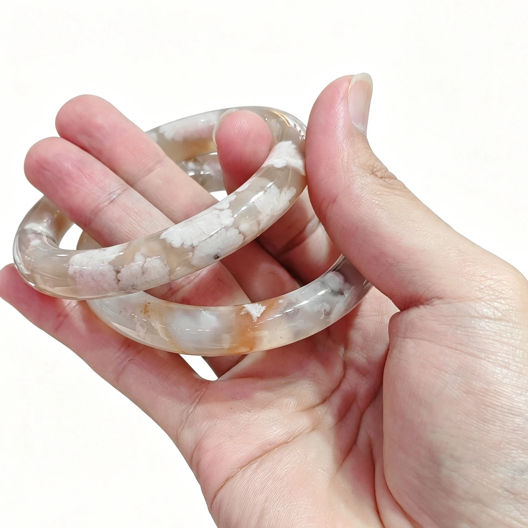 Natural Cherry Blossom Agate Bangle Bracelet White Sakura Flower Pattern Bangle Smooth Chalcedony Jewelry Gift Women