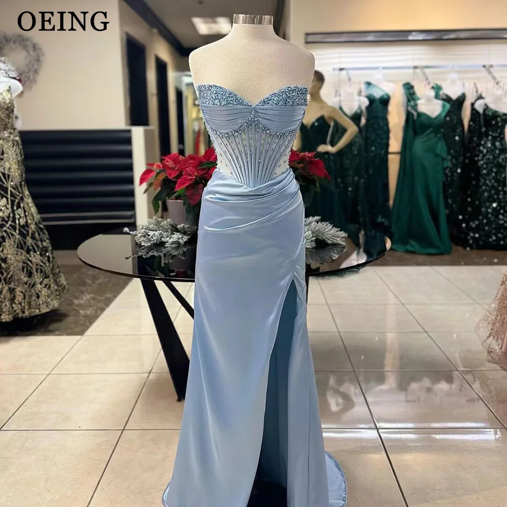 OEING Sexy Strapless Prom Dress Simple Illusion Side Split Beading A Line Evening Gown Party Dress Vestidos De Novia Customized