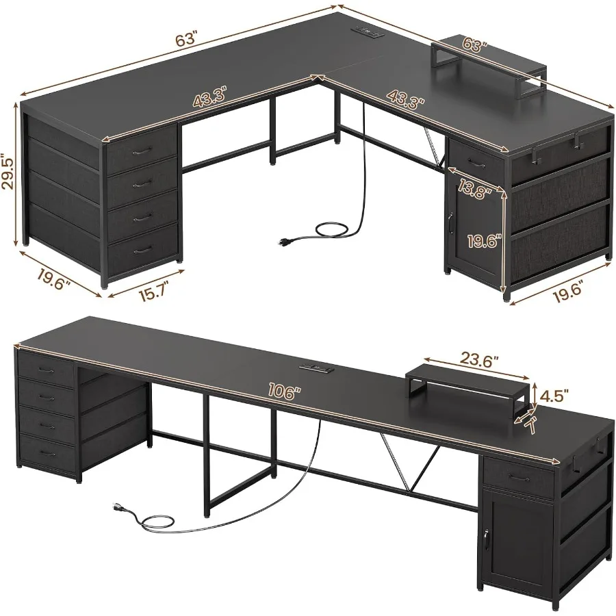 63'' L Shaped Desk with 5 Drawers, Corner Desk with Monitor Shelf