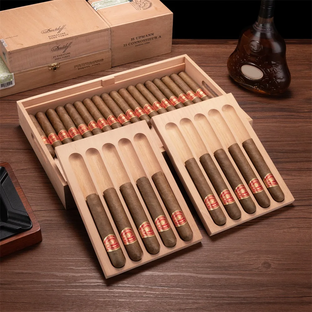 CIGARLOONG-Portable Cigar Humidor with Large Capacity, Classical Natural Cedar Wood Tray, Cigar Storage, Fit for 60 Cigars