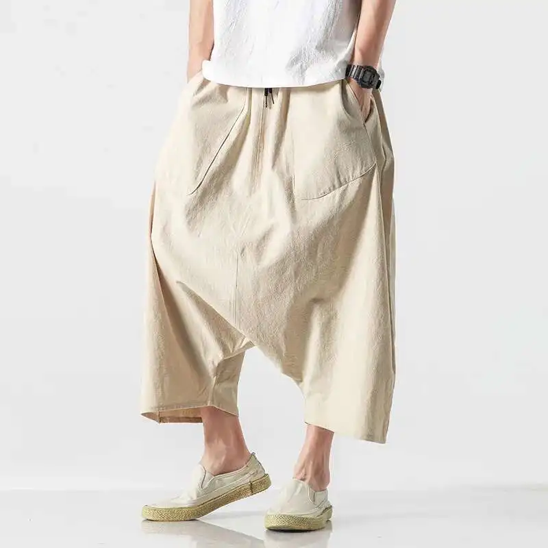 

New Men's Pants Cotton Crotch And Loose, Casual Low Men's En Oversized Japanese Hong Kong Style Cropped Pants, Loose, Pants,