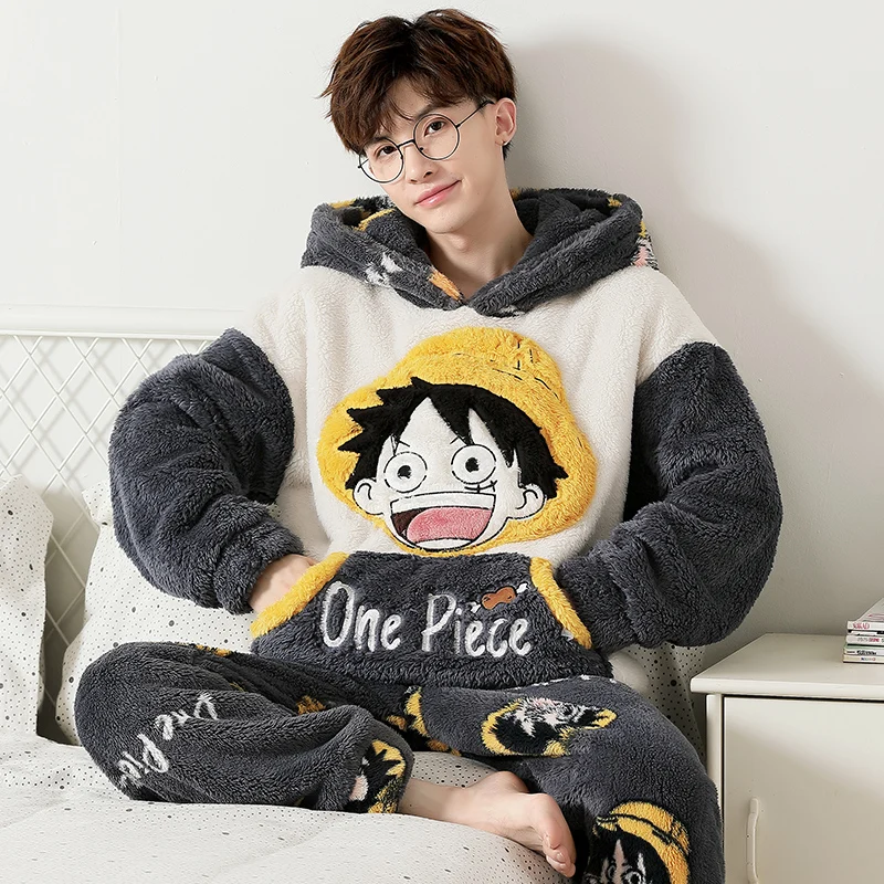 커플잠옷 Winter Coral Man Pajamas Pajama Sets Nightwear Hooded Long Sleeve Thicken Warm Flannel Sleepwear pijama hombre invierno