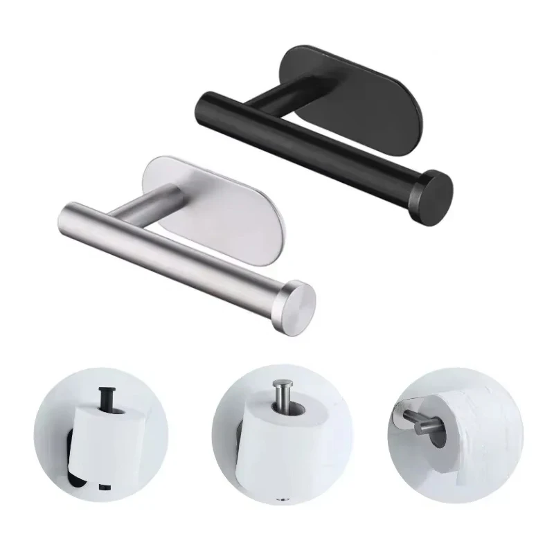 Self-Adhesive Black Toilet Paper Holder – SUS304 Stainless Steel, No-Drill Mount, Fits Bathroom & Kitchen, Matte Finish