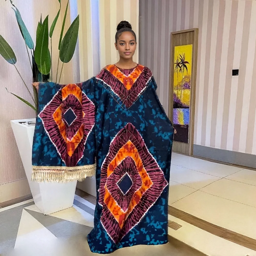 

2025 Fashionable Hot Diamond Style Chest Embroider Loose Breathable Middle Eastern African Print Women's Summer Cotton Dress