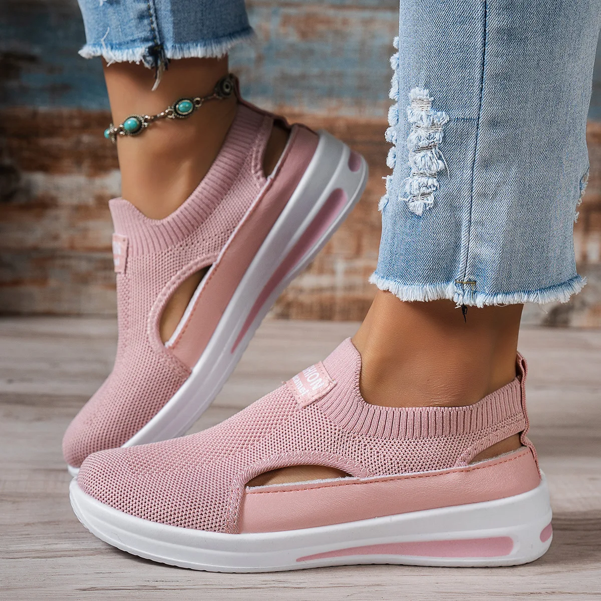 Hohle Slip-On-Plateau-Keilsneaker für Damen, atmungsaktiv, rutschfest, weiche Sohle, für den täglichen Gebrauch, bequeme Freizeitschuhe – Detail 2