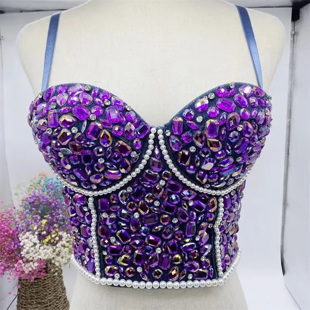 2023 New Summer Colorful Diamond Denim Crop Top Luxurious Jewelry Jean Corset Camisole Spaghetti Strap Night Club Party Brale