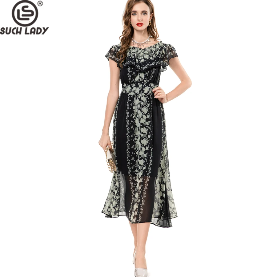 فساتين نسائية مائل العنق وأكمام قصيرة مطبوعة الأزهار شارع العليا مصمم منتصف فيستدوس #1