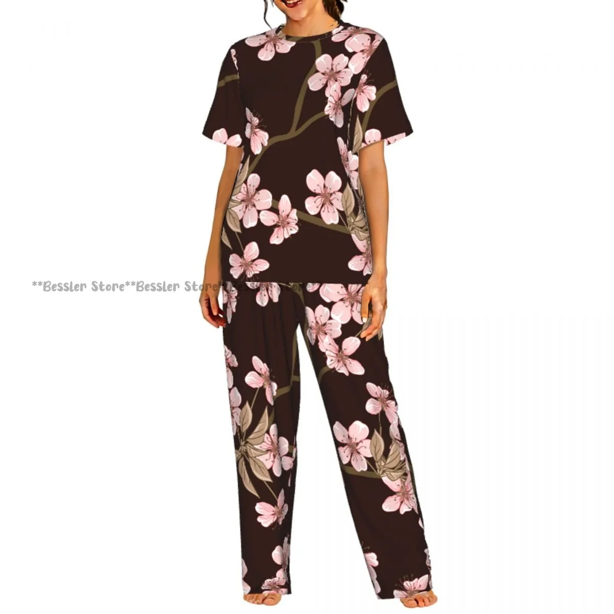 

Женский пижамный комплект с узором в виде цветов вишни, короткий рукав, 2 предмета, домашняя одежда, одежда для отдыха