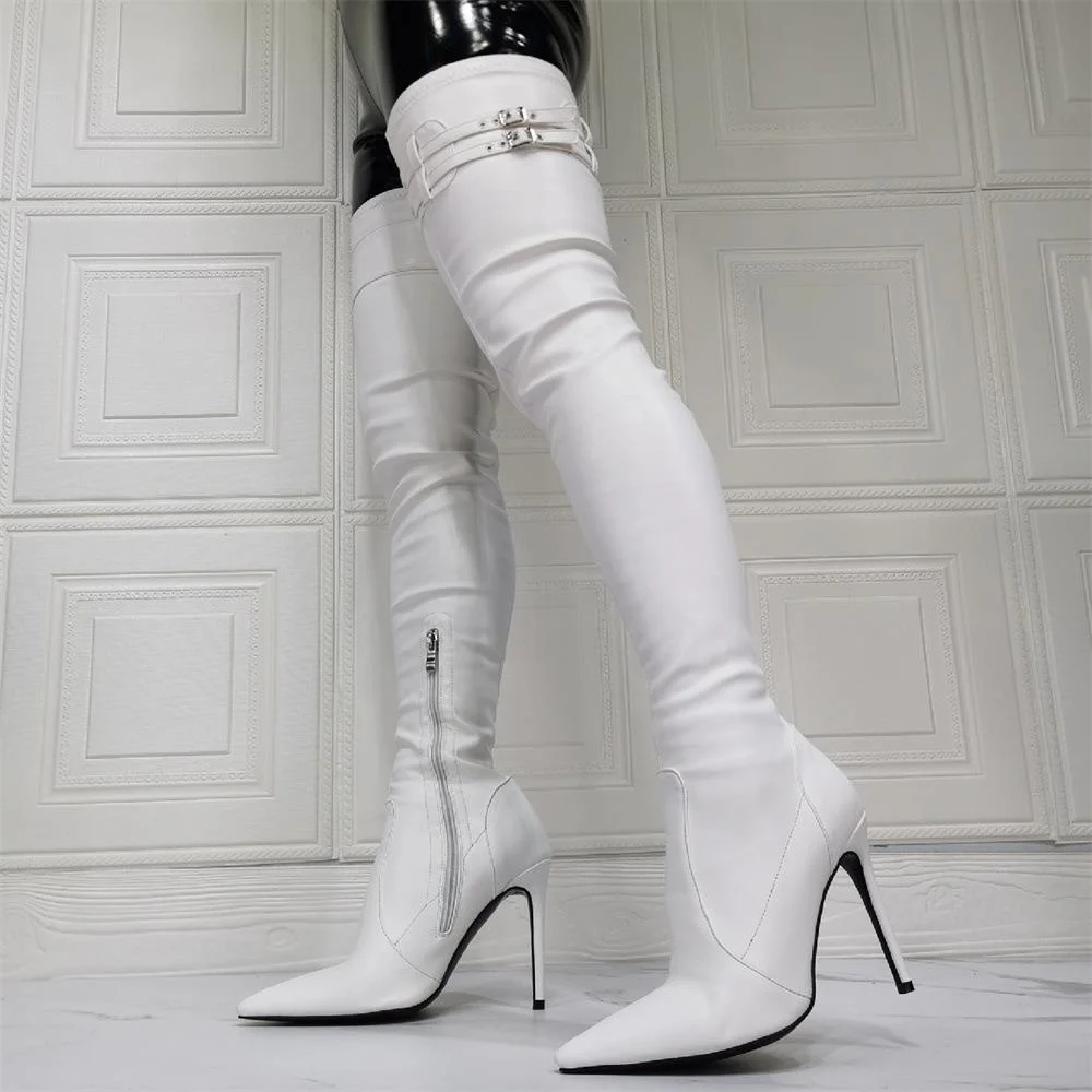 2024 Winter White Stiletto High Heels Sexy Stretch Over The Knee Boots Big Size 47 Pointed Toe Elastic Boots Lady Shoes