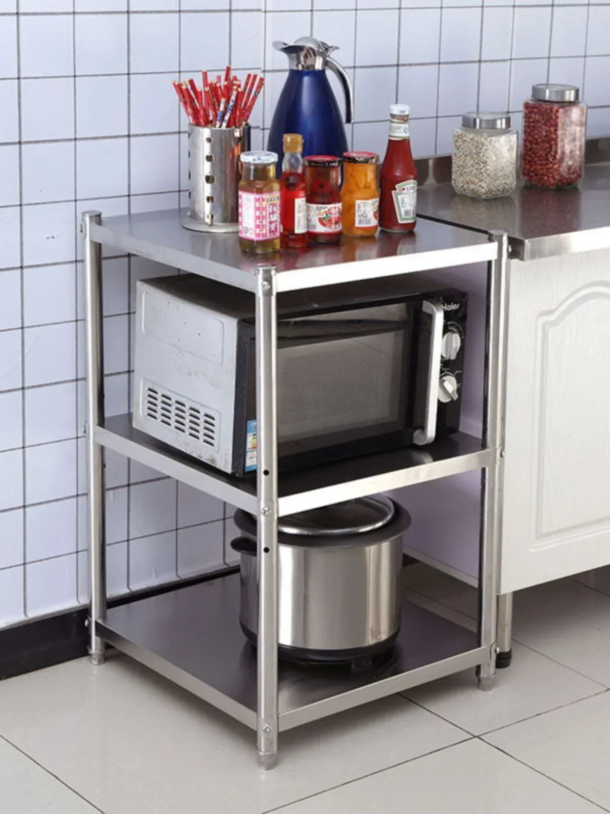 #Stainless steel kitchen shelves, household floor-to-ceiling, three-tier storage pot racks, microwave racks, oven racks