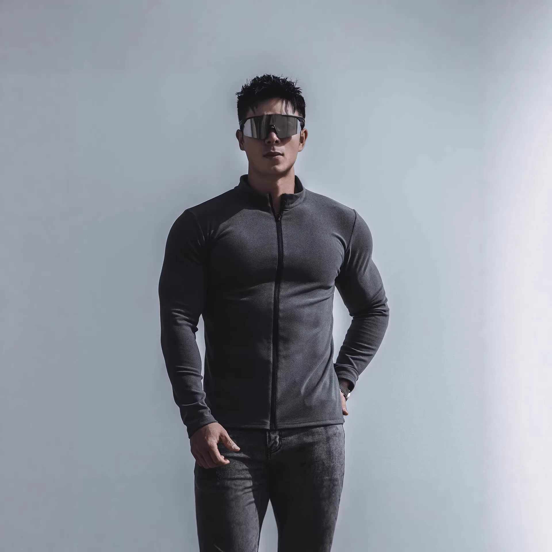 Men's Fitness Long Sleeve Slim Fit Base Shirt Full Zip Casual Sport Inner Wear American Style Thickened Polyester T-Shirt