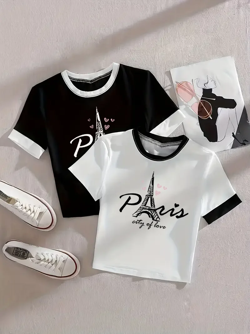 2-Pack - Women's Summer Loose-Fitting Short-Sleeved T-Shirts with Fashionable Casual Print Designs