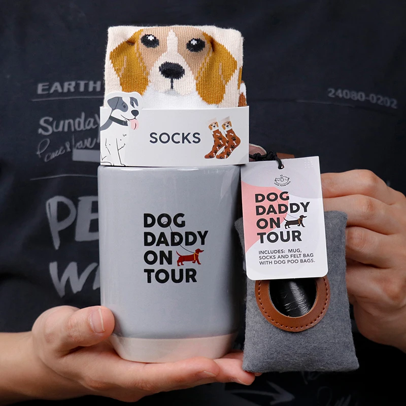 

New Arrival Novelty Products 39-42 Socks+Felt Bag With Dog Poo Bag+Stoneware Mug Cute Pup Ceramic Cup Gifts Sets for Pet Lover