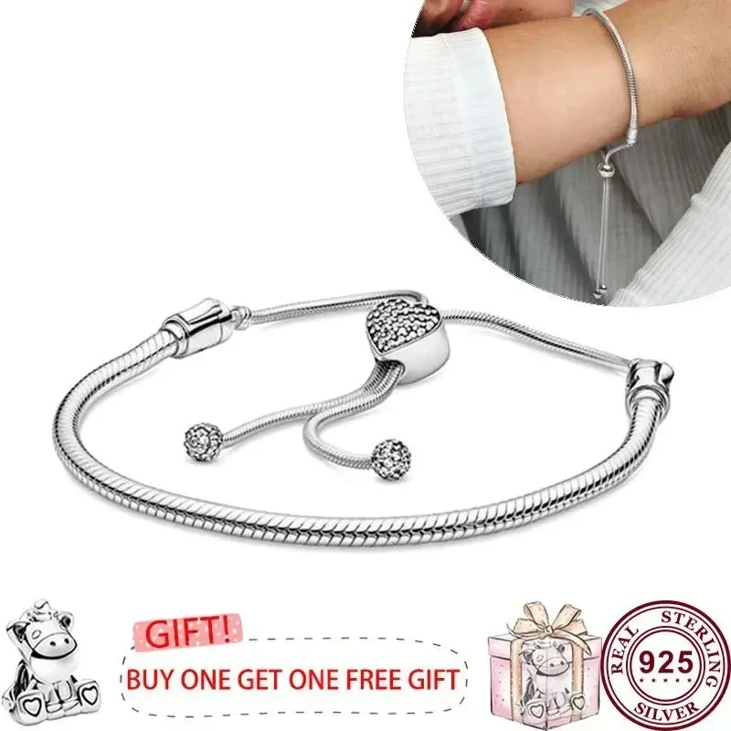 New Hot Selling S925 Sterling Silver Stretchable Leather Rope Woven Original Women's Logo Sliding Bracelet Fashion DIY Jewelry