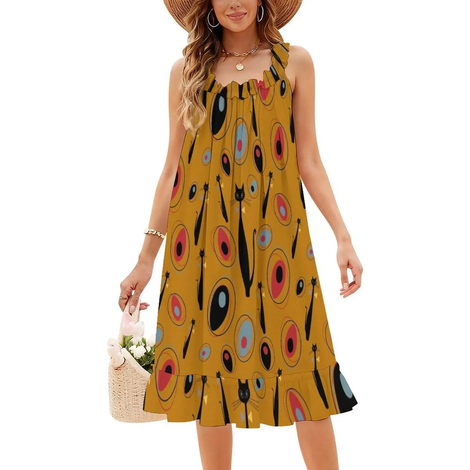 منتصف القرن الفن الحديث |   فستان Atomic Cats 1.2 بنصف قطرة على شكل قلب فستان أنيق للحفلات الصيفية للنساء بنمط القطط