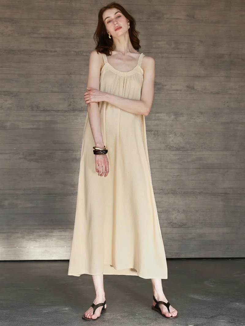 فستان طويل كتان عتيق للنساء صيفي مثير بدون أكمام جديد أسود بلون سادة فضفاض لقضاء العطلات على الشاطئ وحفلات الموضة رداء فيستدوس #5