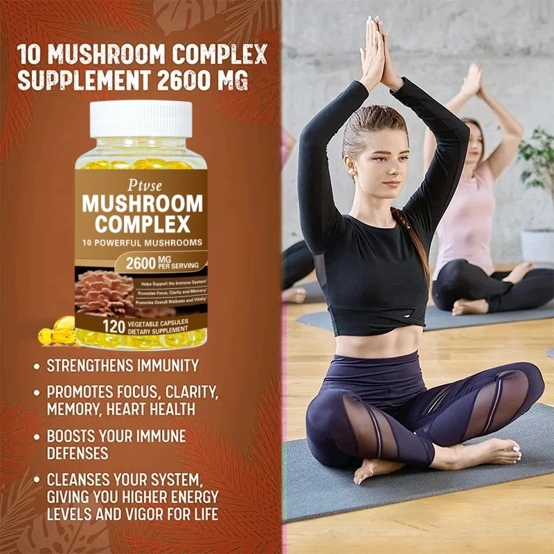 Vegan 10x Mushroom Complex Capsules with Lions Mane, Chaga, Reishi, Cordyceps For Men & Women Mood & Stress Dietary Supplement