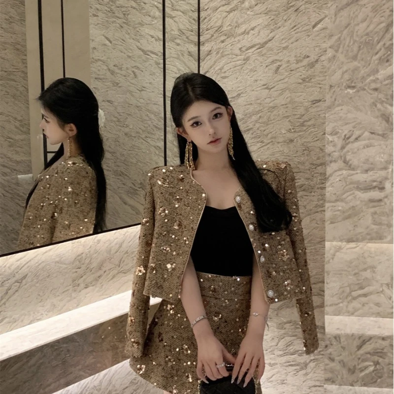 

Новинка 2023 года, твидовые комплекты из 2 предметов, женская одежда, модная куртка, пальто + короткая юбка, conjuntos femininos elegantes