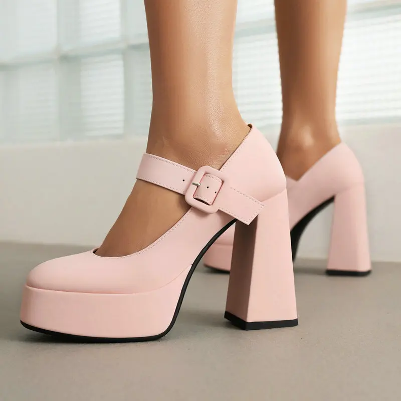 

Pink White Sweet Lolita Girls Mary Janes Wide Buckle Belt Block High Heeled Lady Dress Shoes Platform Thick Heels Pumps Women