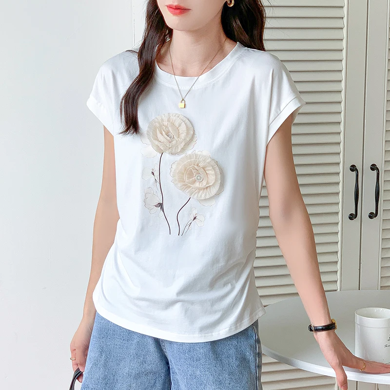 M-3XL 95Cotton Summer Short Sleeve T-Shirts Women 2024 O Neck Floral Appliques Slim Waist Designer Tops Girls Trendy White Tees