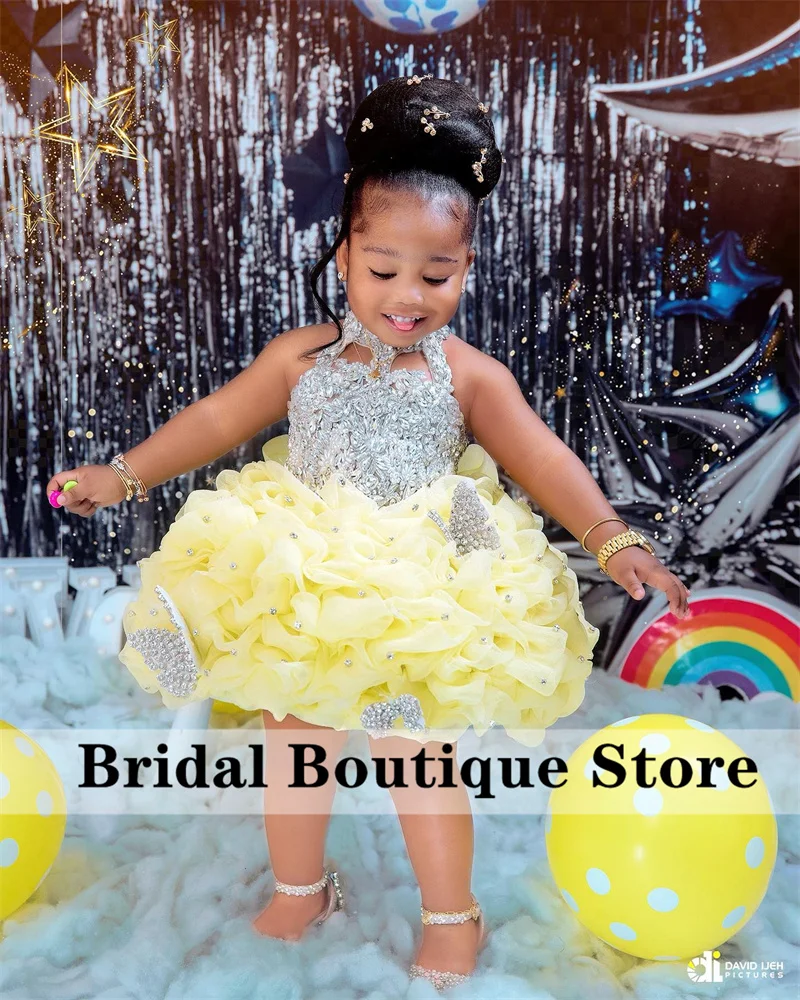 Glitter Diamonds Yellow Child Princess Dress Sparkly Crystals Rhinestones Beads Pageant Cute Flower Girl Birthday Customized