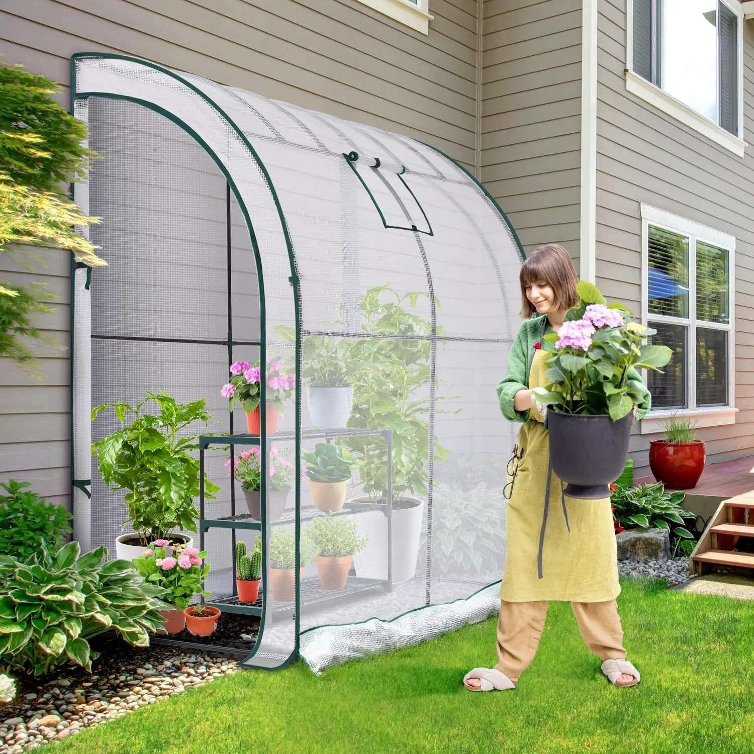 

Lean to Greenhouse with 3-Tier Shelves: Portable Walk-in Wall Mounted Green House with Mesh Windows, 79"x39"x83"