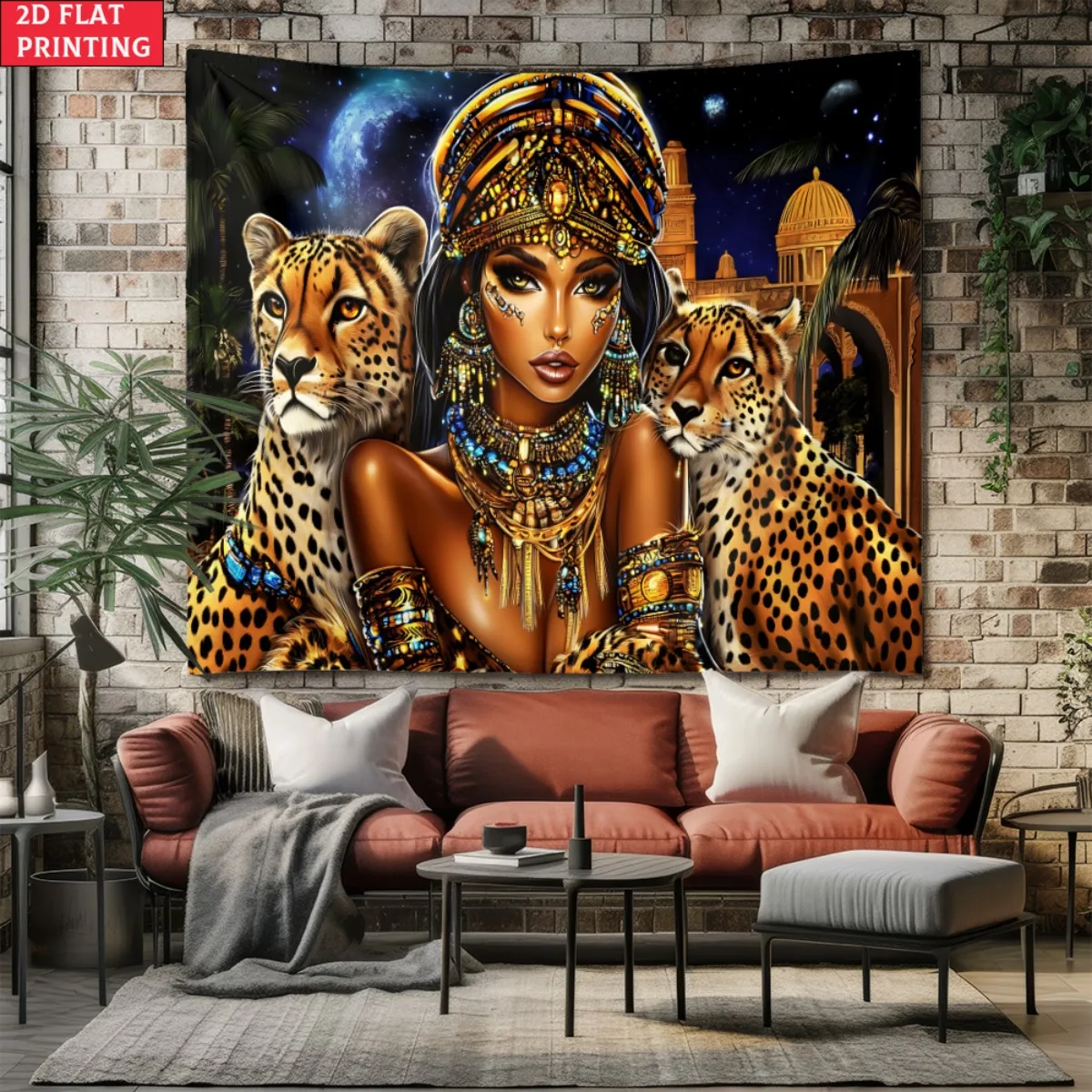 unframed Egyptian Queen Cleopatra Cheetahs Ancient Egypt Royal Jewelry Tapestry Wall Art Decor Exotic Luxury Vintage History Egy