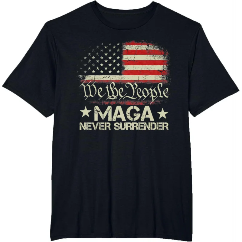 Trump 2024 MAGA Never Surrender US American Flag Men Women T-Shirt