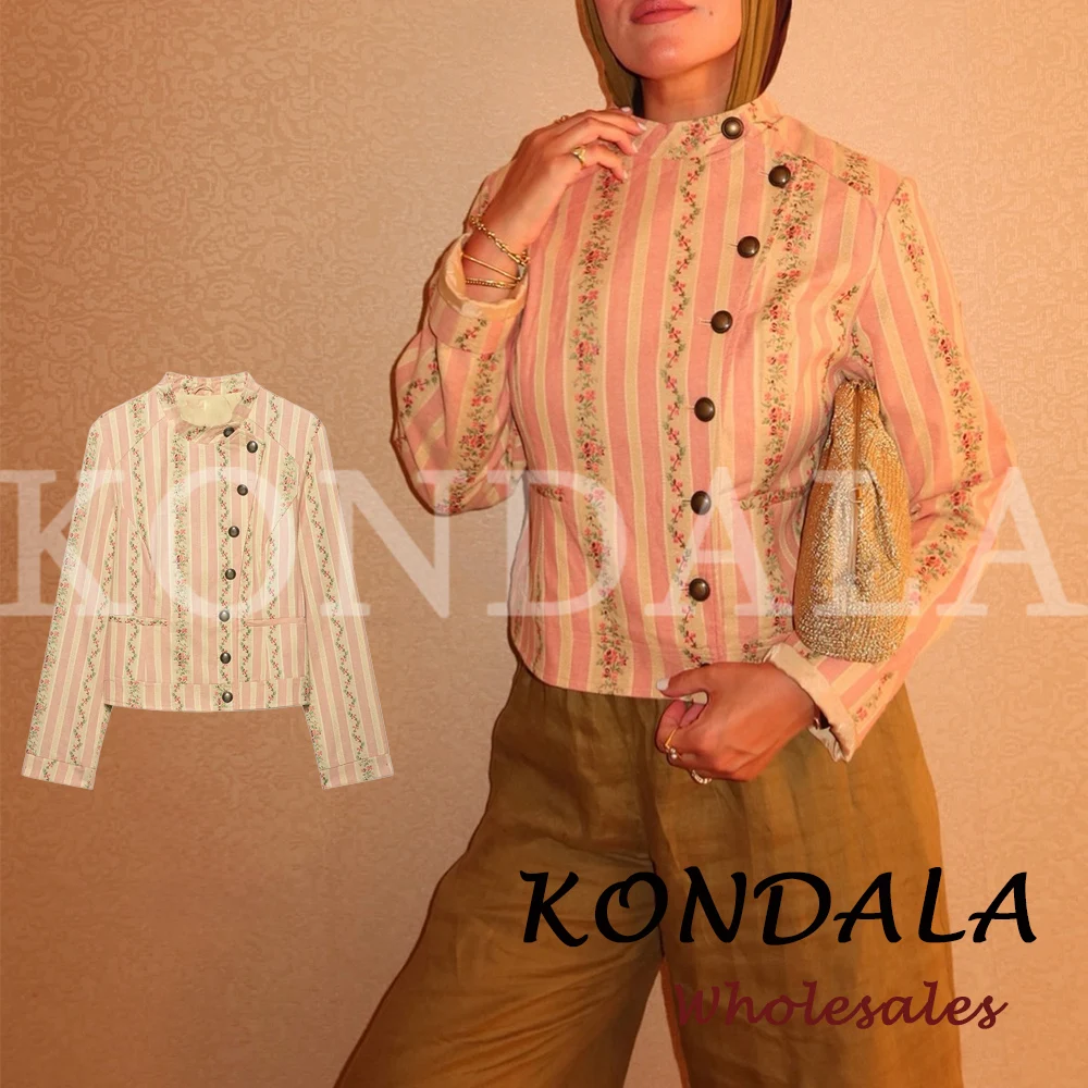 KONDALA Chic Fashion 2026 Autumn Casual Woman Jacket Striped Single Breasted Jacket Vintage Female Elegant Asymmetric Outwears