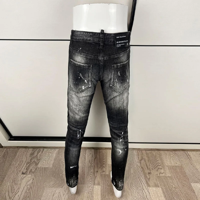 Designer Street Fashion Men's Jeans Stretch Tight Ripple Black Grey Piercing Painted Jeans Men's Splicing Hip Hop Brand Retro Pa