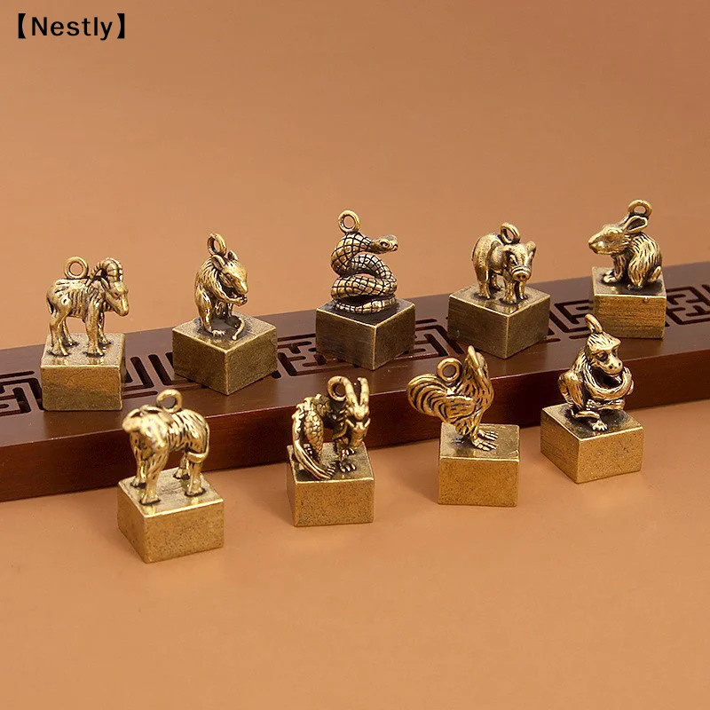 Vintage Brass Chinese Zodiac Seal Ornament Decorations Figurines Miniatures Home Decor Accessories Craft Souvenirs 〔Nest〕