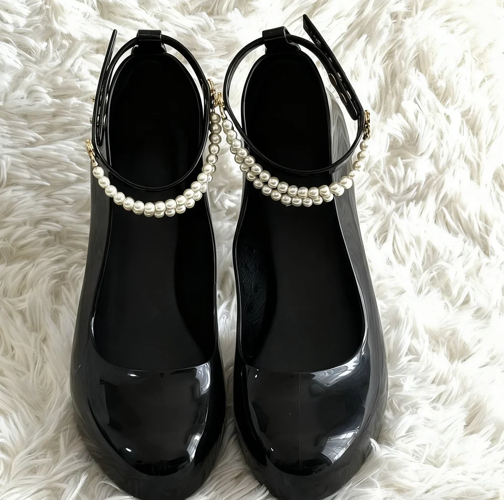 

Elegant Black Patent Leather Platform Pumps Round-Toe Stiletto Heel Pearl-Embellished Ankle Strap Women's Shoes for Evening