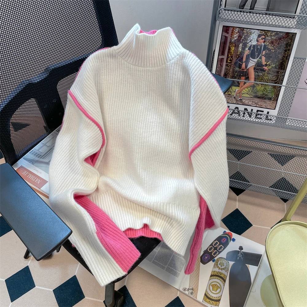 Pink Spliced White Contrasting Sweater 2025 New Spring Women's Half High Collar Front Back Wear Knitted Pullover Casual Chic Top