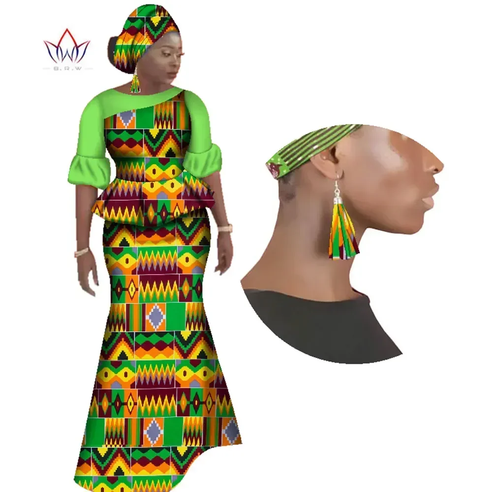 

BintaRealWax African Skirt Sets for Women with Earring Bazin Elegant Africa Clothing Dashiki Lady Set with Free Headscaf WY2349