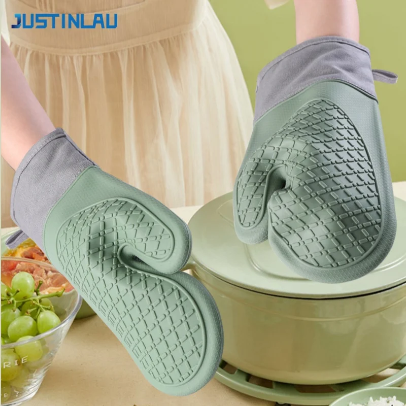 JUSTINLAU Bäckereihandschuhe, wärmeisolierende Silikon- und Baumwollhandschuhe, Twill-Handschuhe mit rutschfestem Design für Mikrowelle, Küchenwerkzeug
