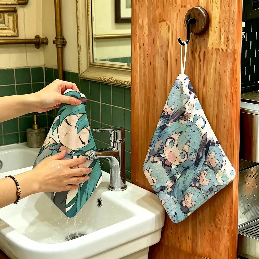 Game H-Hatsune Girl M-Miku Hanging Polyester Cotton Towel, Reusable Hand Wiping Cloth, Wear Resistant for Home Kitchen Sink