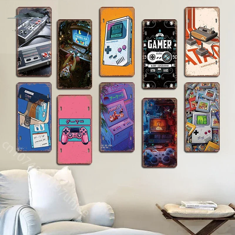 Vintage Gaming Metal Sign Retro Game Boy Console TV 8-Bit Pixel Art Distortion Pedal Arcade Video Game Controller Tin Wall Art f