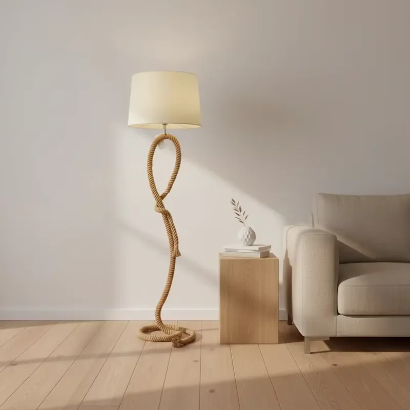Modern Nordic LED Floor Lamp Dimmable Multi Color Fabric Shade Vertical Corner Hemp Rope Design High CRI Home Decoration