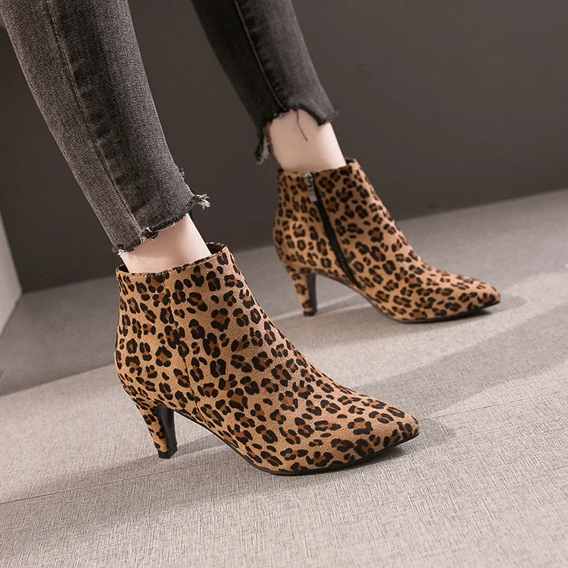 2024 Autumn High Heels Ankle Boots Plus Size Leopard Women Boots Retro Pointed Ladies Shoes Side Zipper Booties Botas De Mujer