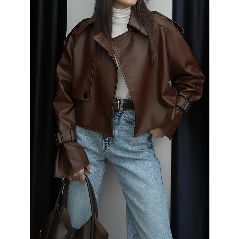 

Ретро однотонное мотоциклетное короткое пальто из искусственной кожи с лацканами, женское модное пальто с длинными рукавами, осень 2024, уличная верхняя одежда