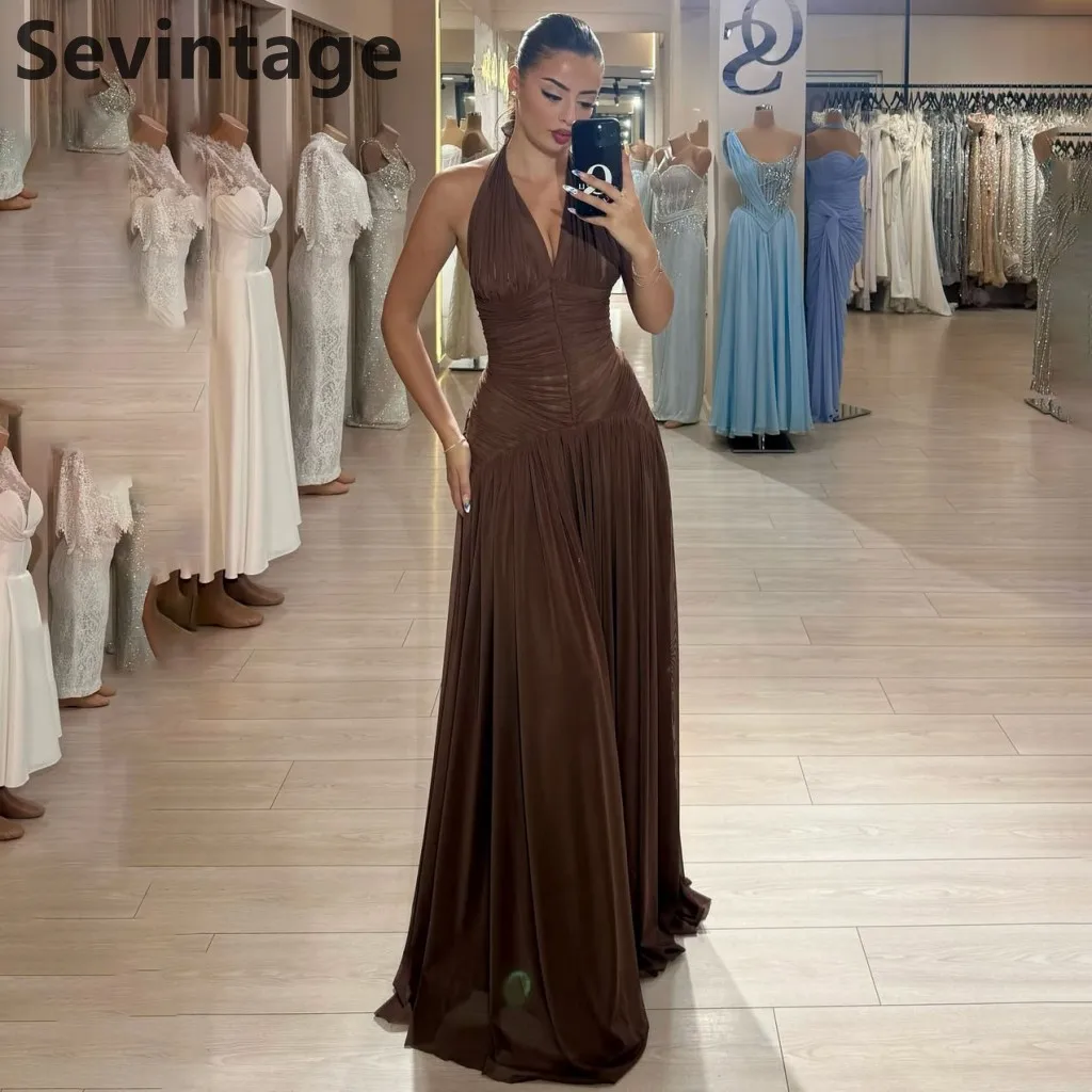 فستان سهرة طويل من الشيفون البني من Sevintage 2025 على شكل حرف A ورقبة رسن لحفلات الزفاف الرسمية للحفلات الراقصة دبي رداء السهرة #1
