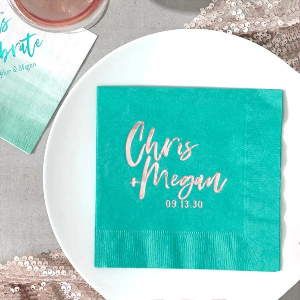 

50pcs Custom Wedding Party Cocktail Napkins - Trendy Script Names - Luncheon Napkin, Foil Buffet Napkin, Bridal Shower, Monogram