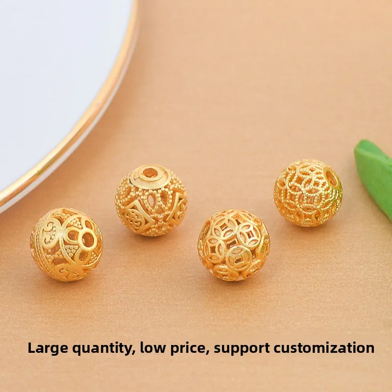 Chinese Style Vintage Gold Tone Hollow Auspicious Blessing Lucky Fu Pattern Round Spacer Beads For Diy Bracelet Necklace Jewelry