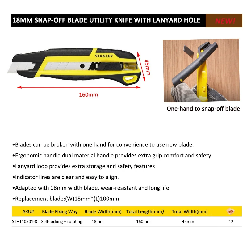 Stanley STHT10501 Construction Knife Multipurpose Utility Knife Slide Snap-off Blades 18mm with Blade Breaker Quick Replacement